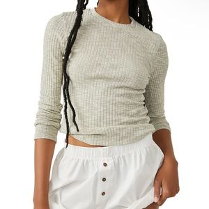 Free People Ribbed Long Sleeve Top in Light Gray